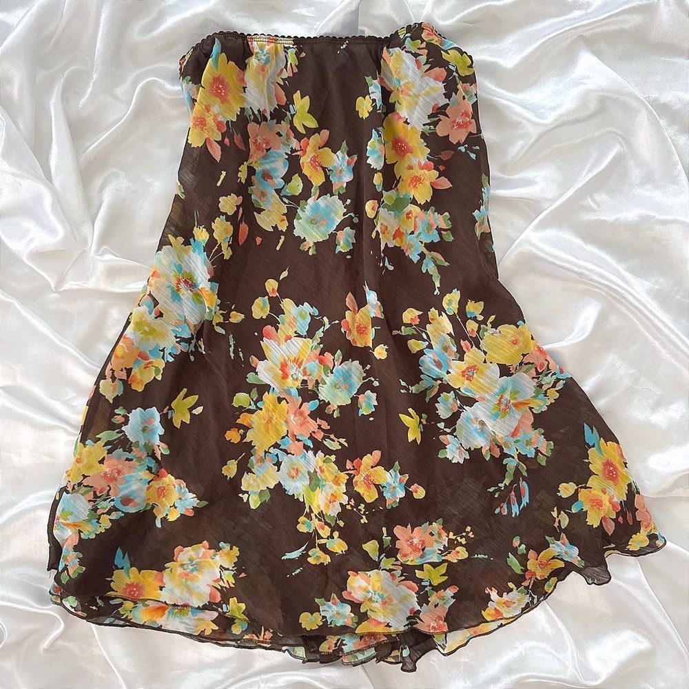 Kim Rogers Petite Brown Floral Midi Skirt Elastic Waist Size PM